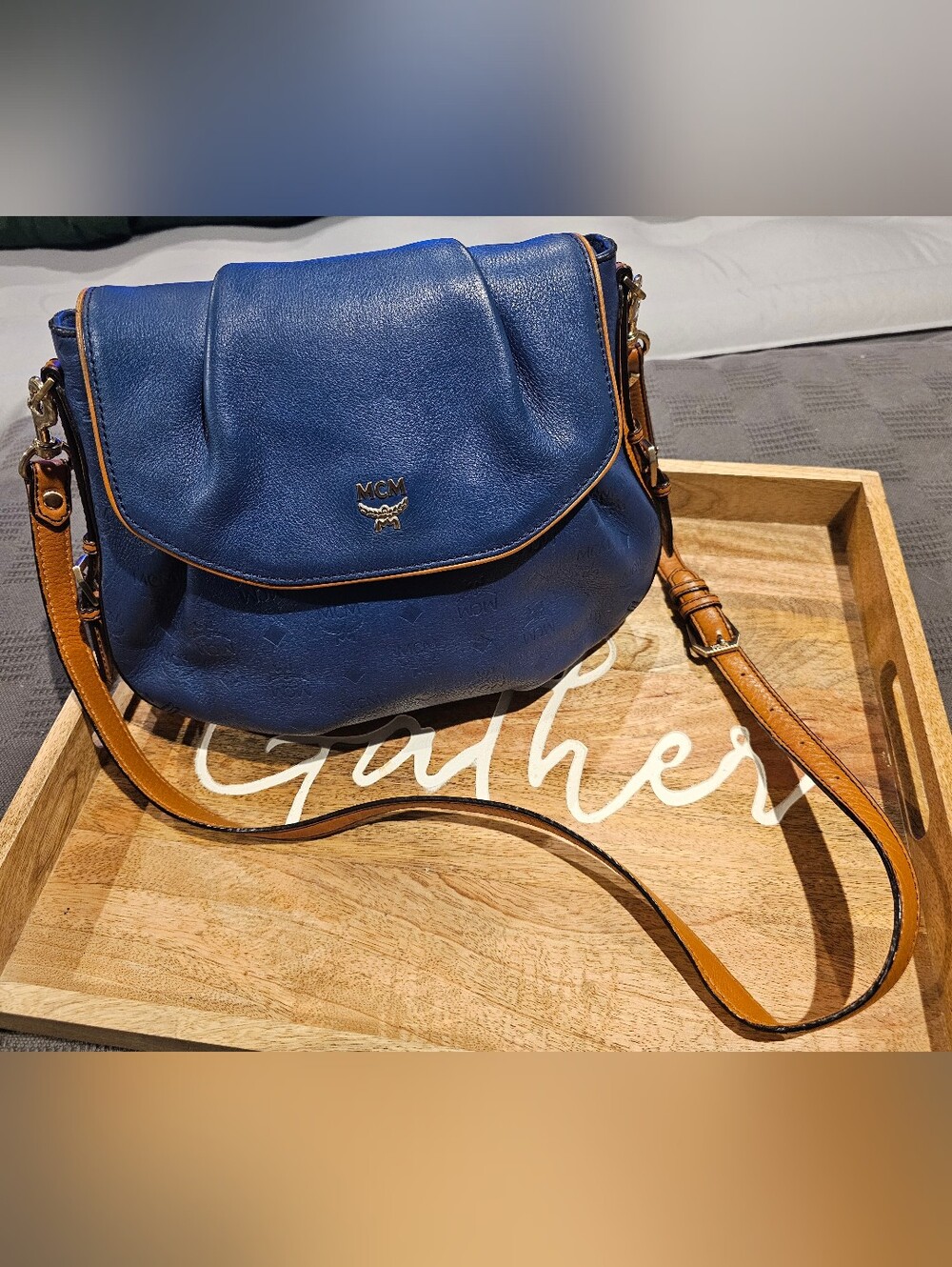 MCM Blue Leather Crossbody Bag with Tan Strap